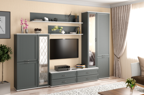 Гостиная Карина-12 с фасадом Серый Оникс После того, как вы сделаете заказ, мебель придет на московский склад в течении 10-12 рабочих дней